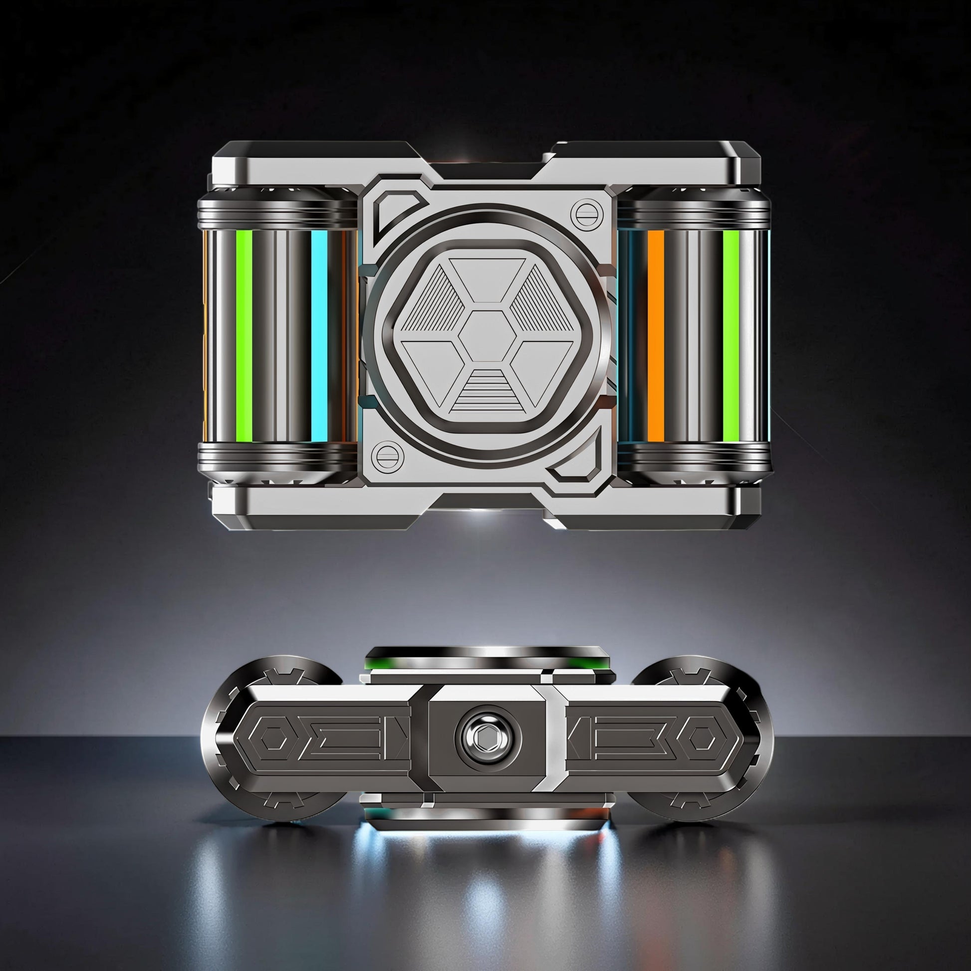 The Curious Mind premium metal EDC spinner with green, blue, and orange accents. Futuristic design.