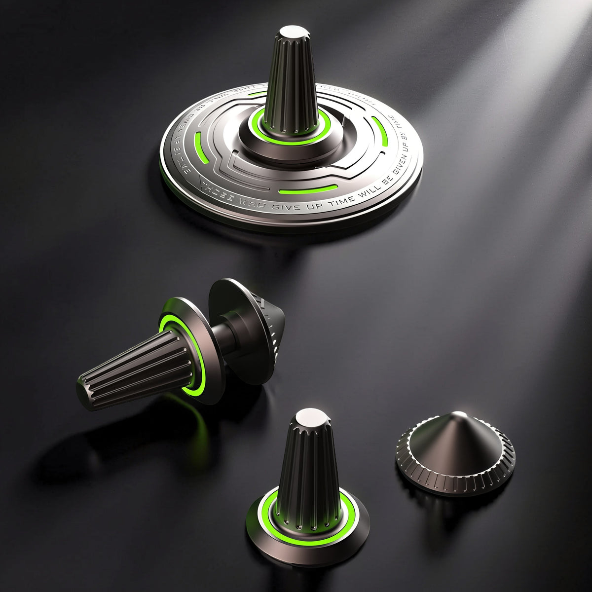 The Curious Mind Long Glow Bar Spinner: a premium metal EDC fidget spinner with ribbed cone top and glowing green accents.