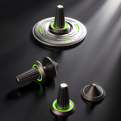 The Curious Mind Long Glow Bar Spinner: a premium metal EDC fidget spinner with ribbed cone top and glowing green accents.
