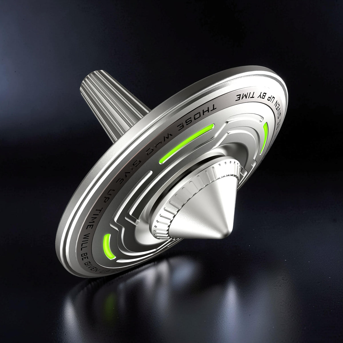 The Curious Mind Long Glow Bar Spinner, a premium metal EDC fidget spinner with a UFO-like design and green glowing accents.