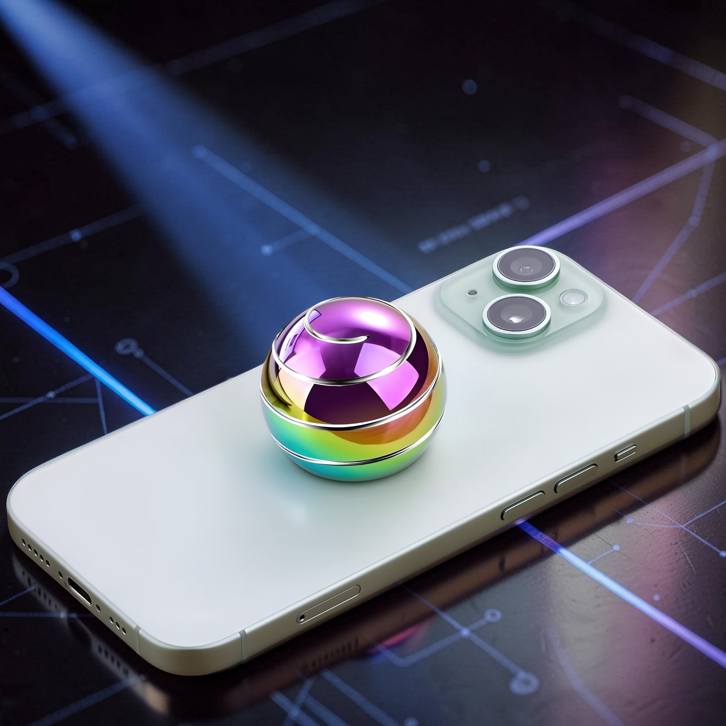 The Curious Mind high-gloss metal desktop stress ball with iridescent rainbow finish, designed for fidgeting and stress relief.