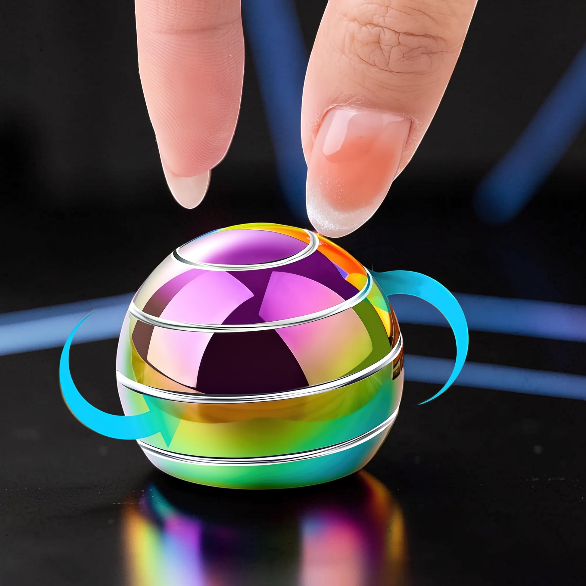 The Curious Mind high-gloss metal desktop stress ball with rainbow iridescent finish, shown being spun by fingers.