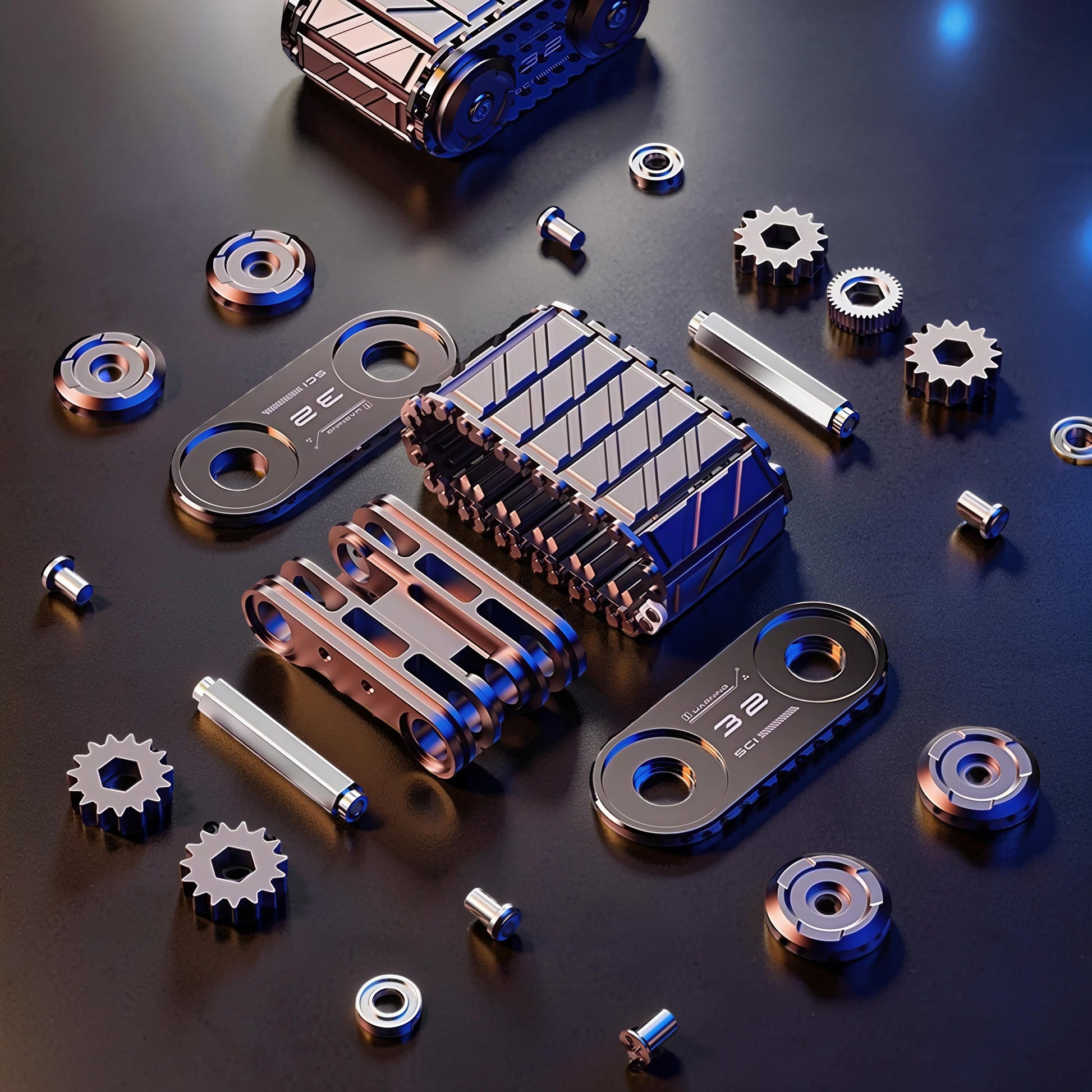 The Curious Mind Metal Tank Spinner fidget toy in copper and silver tones, with gears and components scattered around.