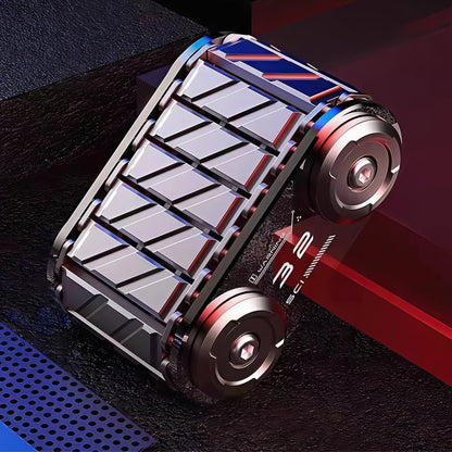 The Curious Mind Metal Tank Spinner, a tactical fidget toy with a copper finish and segmented tread design. Features two spinning wheels and a premium metal build.