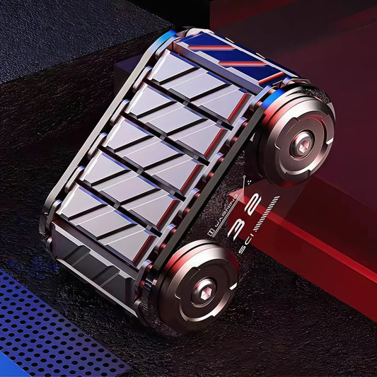 The Curious Mind Metal Tank Spinner, a tactical fidget toy with a copper finish and segmented tread design. Features two spinning wheels and a premium metal build.