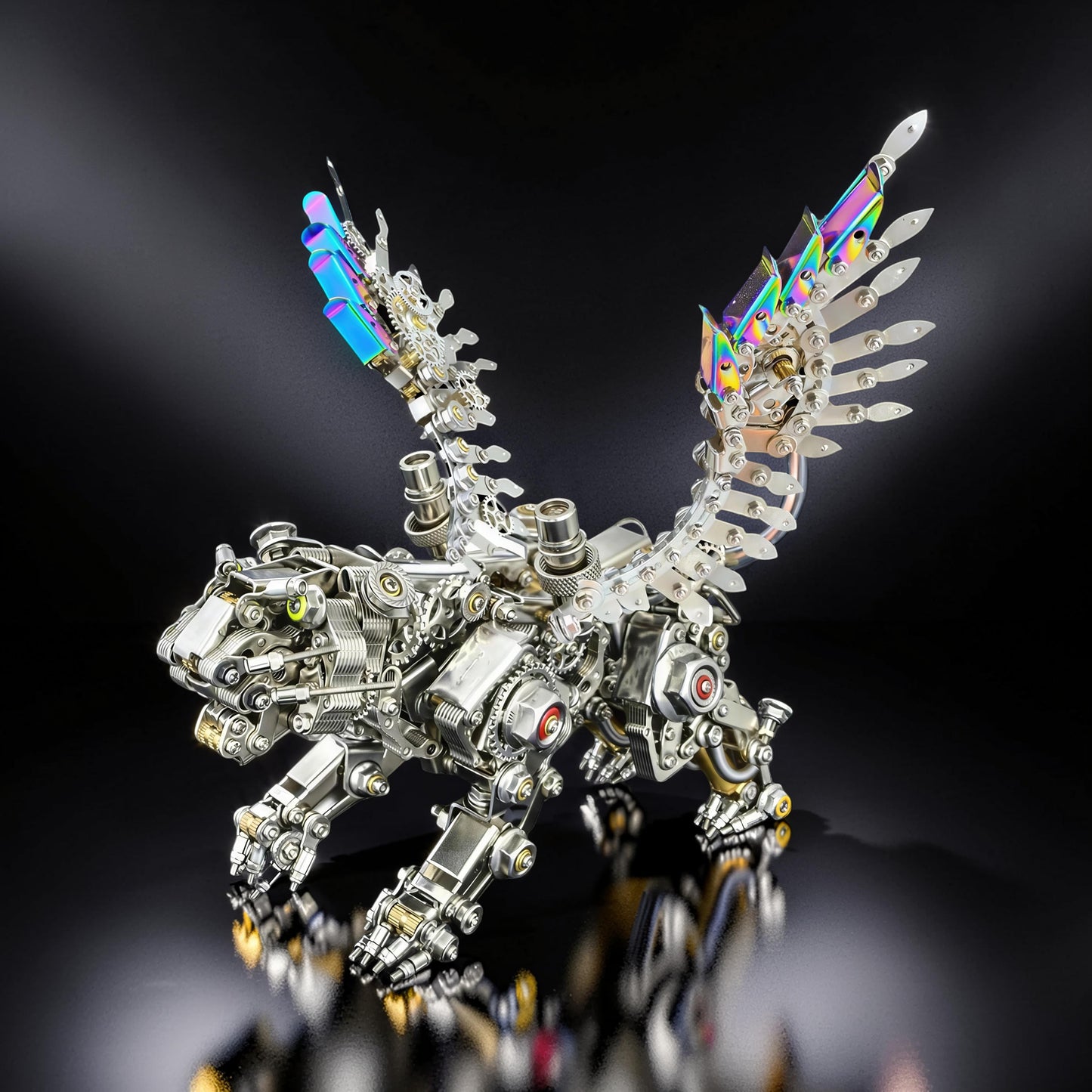 The Curious Mind 3D metal model kit of a Bengal tiger with feathered wings, featuring intricate mechanical details and iridescent accents.