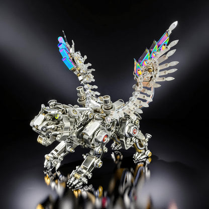 The Curious Mind 3D metal model kit of a Bengal tiger with feathered wings, featuring intricate mechanical details and iridescent accents.