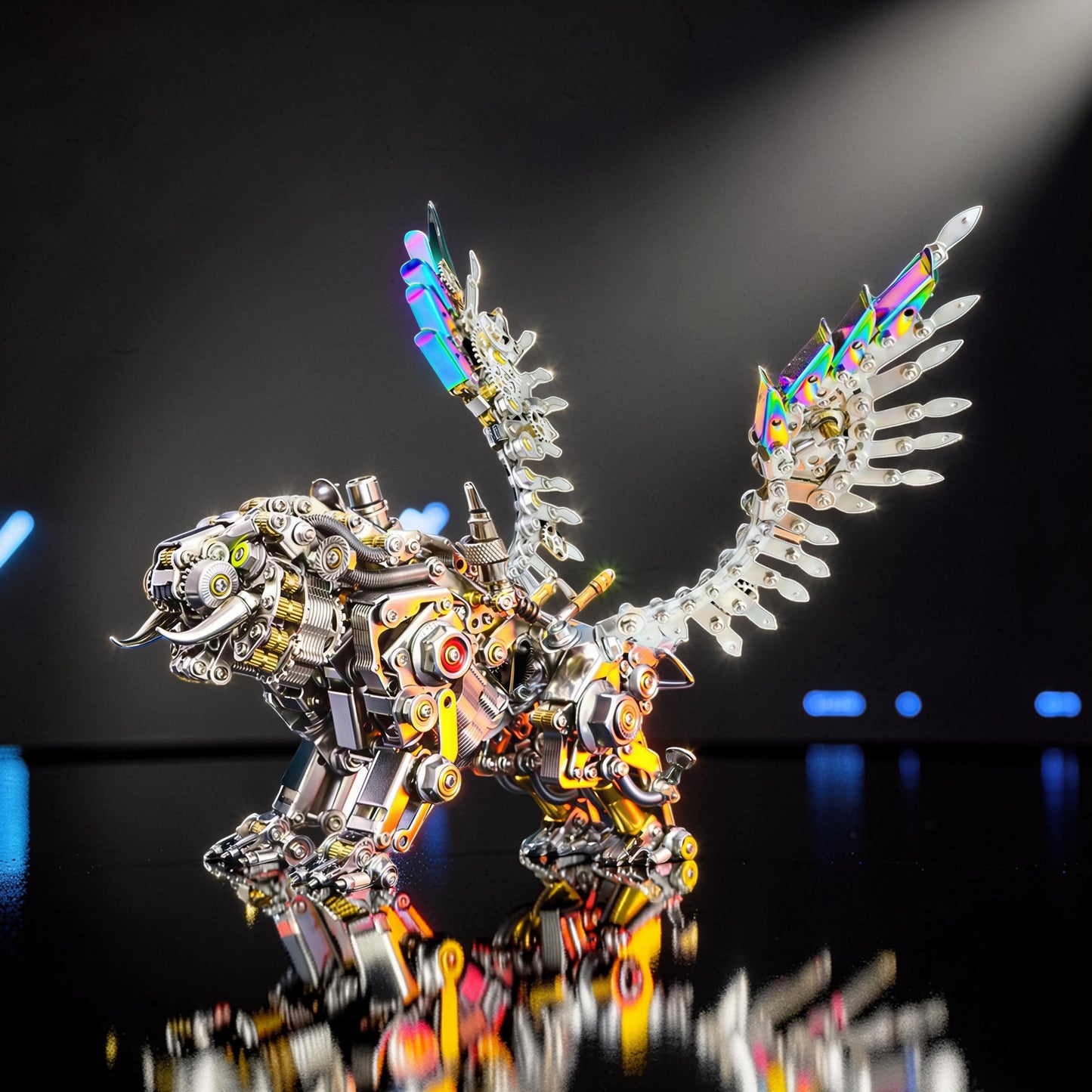 The Curious Mind 3D metal model kit of a Bengal tiger with feathered wings, featuring intricate mechanical details and iridescent accents.