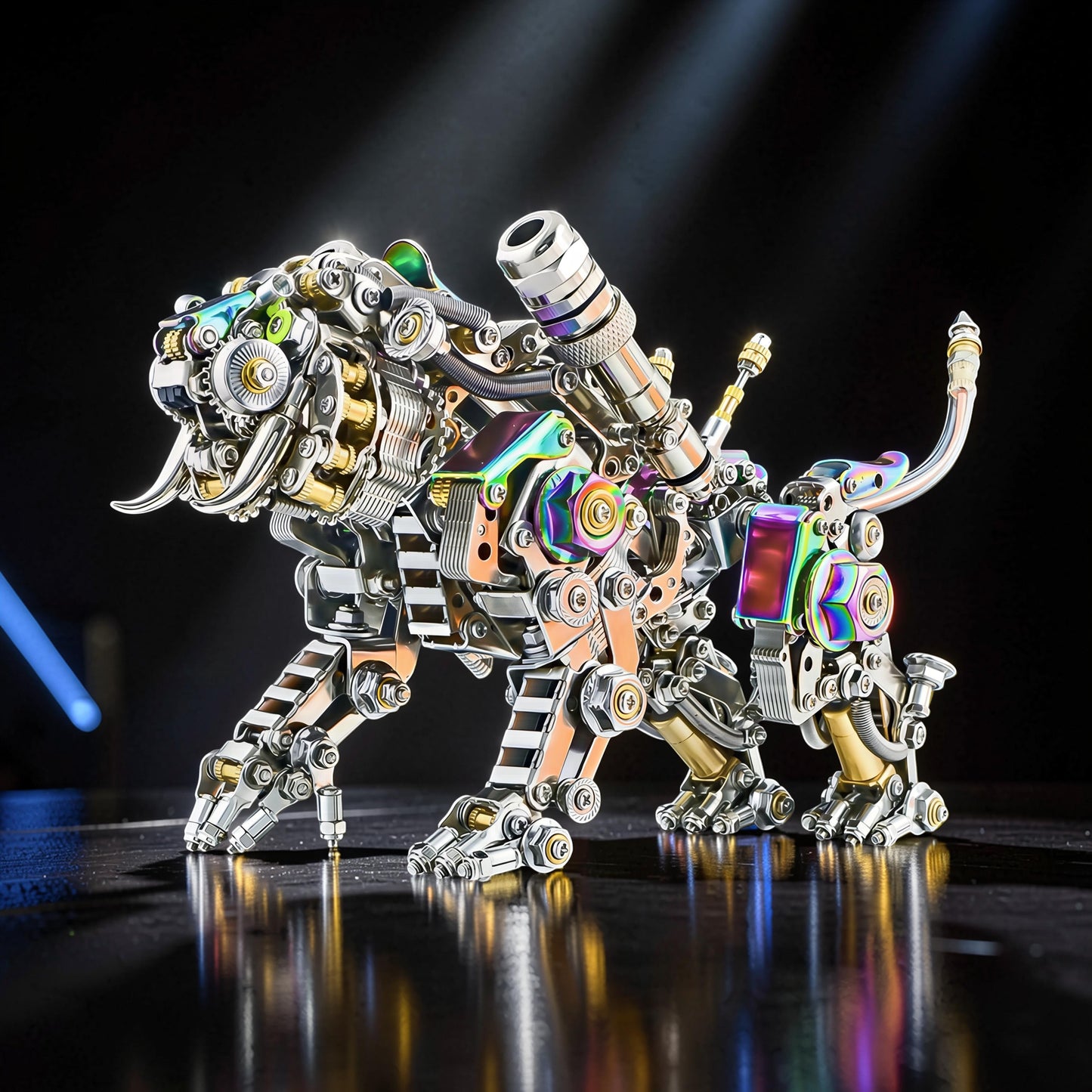 The Curious Mind 3D metal model kit of a Bengal tiger with feathered wings, featuring intricate mechanical details and iridescent metallic finishes.