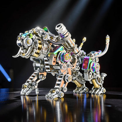 The Curious Mind 3D metal model kit of a Bengal tiger with feathered wings, featuring intricate mechanical details and iridescent metallic finishes.
