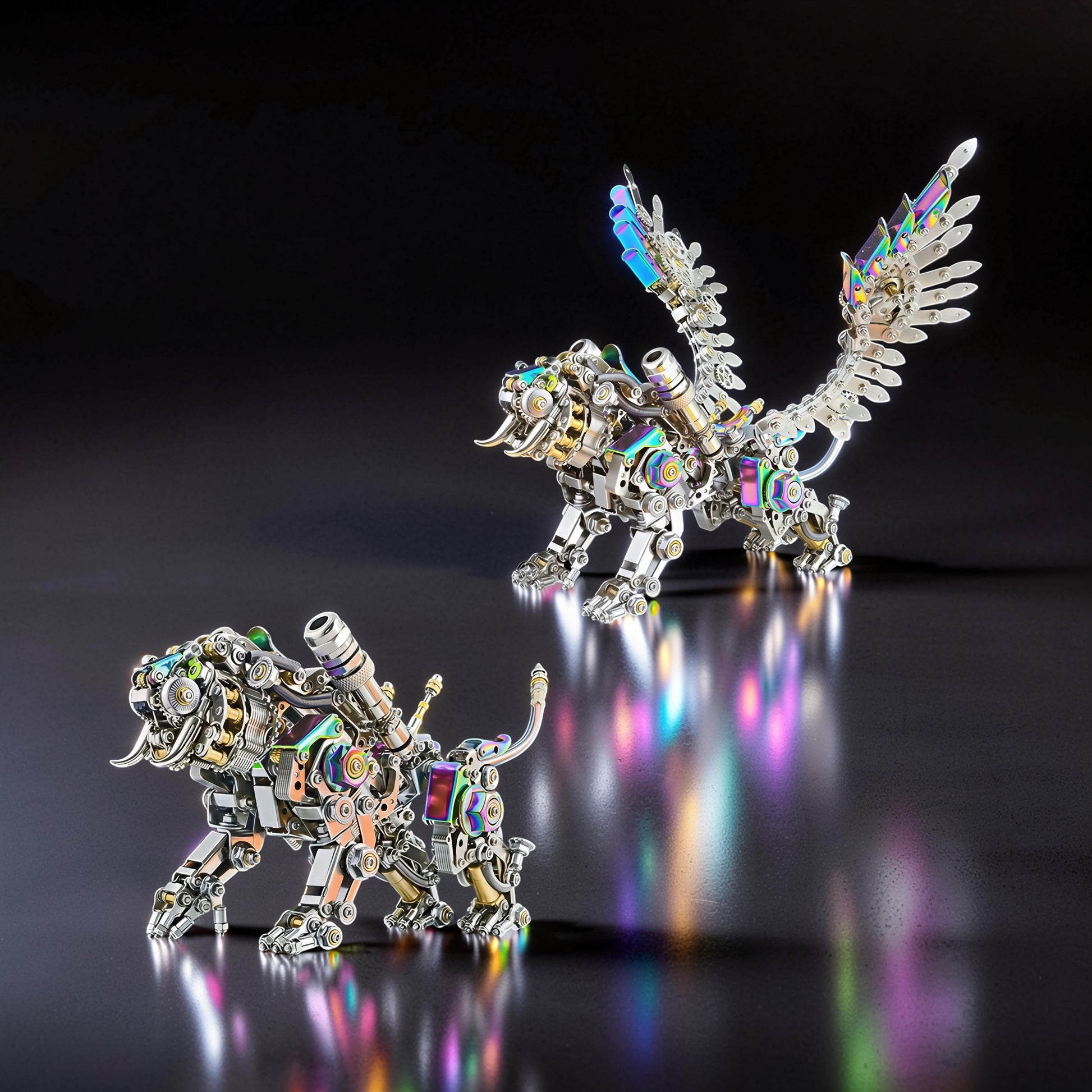 The Curious Mind Colourful 3D Metal Tiger model kit with feathered wings, intricate mechanical details, and iridescent metallic finish.