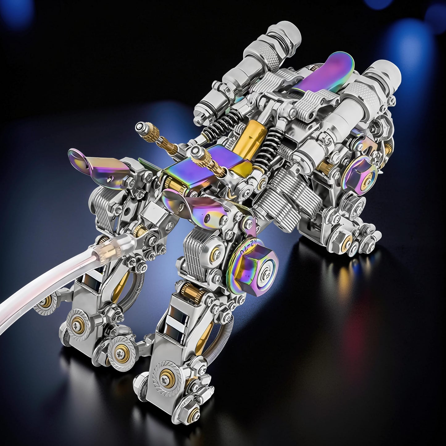 The Curious Mind 3D metal model kit of a Bengal tiger with feathered wings, featuring intricate mechanical details and iridescent accents.