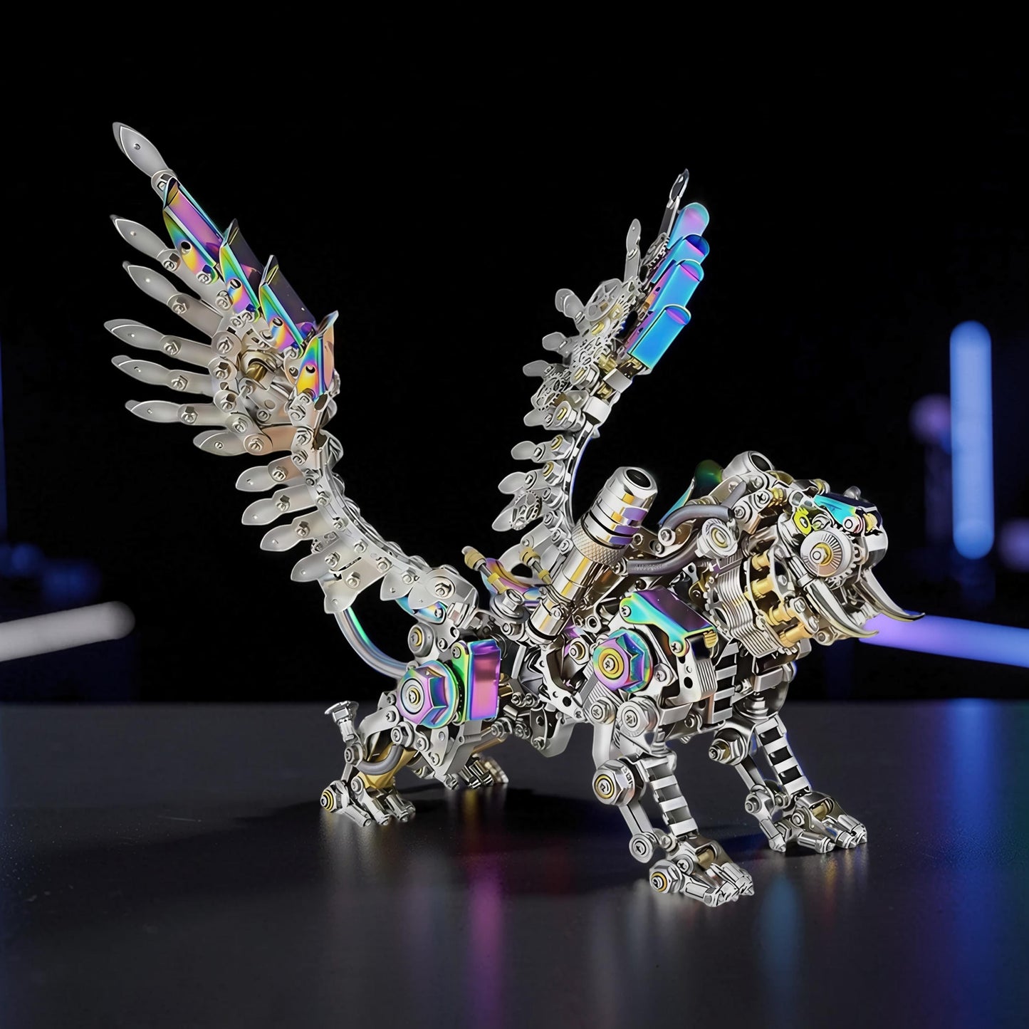 The Curious Mind 3D metal model kit of a Bengal tiger with feathered wings, featuring intricate mechanical details and iridescent rainbow coloring.