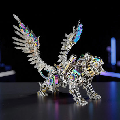 The Curious Mind 3D metal model kit of a Bengal tiger with feathered wings, featuring intricate mechanical details and iridescent rainbow coloring.
