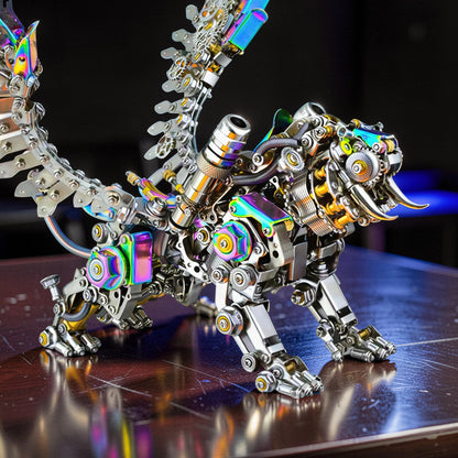 The Curious Mind colourful 3D metal Bengal tiger model with feathered wings and intricate mechanical details.