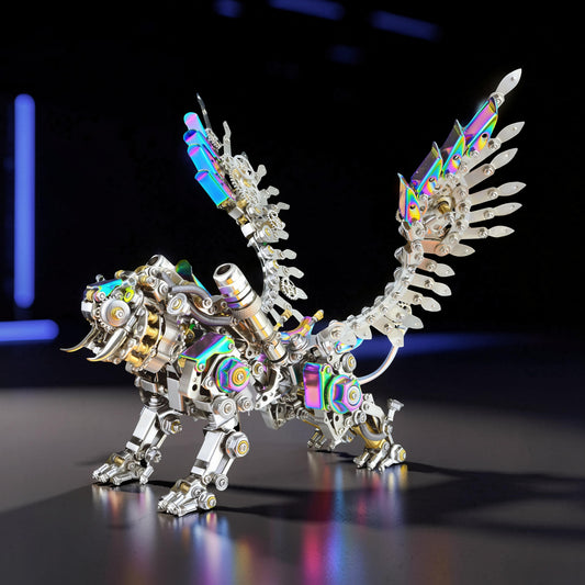 The Curious Mind Colourful 3D Metal Bengal Tiger model with feathered wings, intricate gears, and iridescent accents.