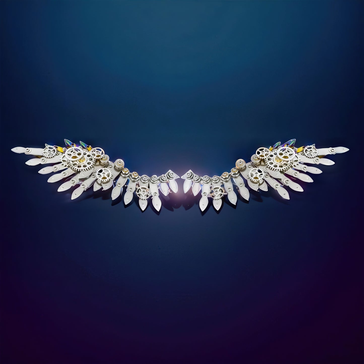 The Curious Mind metal model kit of feathered wings with gears and iridescent accents, steampunk style.