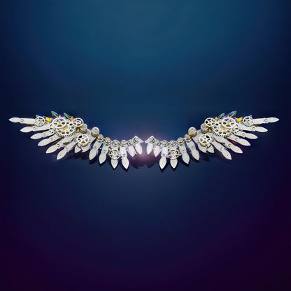 The Curious Mind metal model kit of feathered wings with gears and iridescent accents, steampunk style.