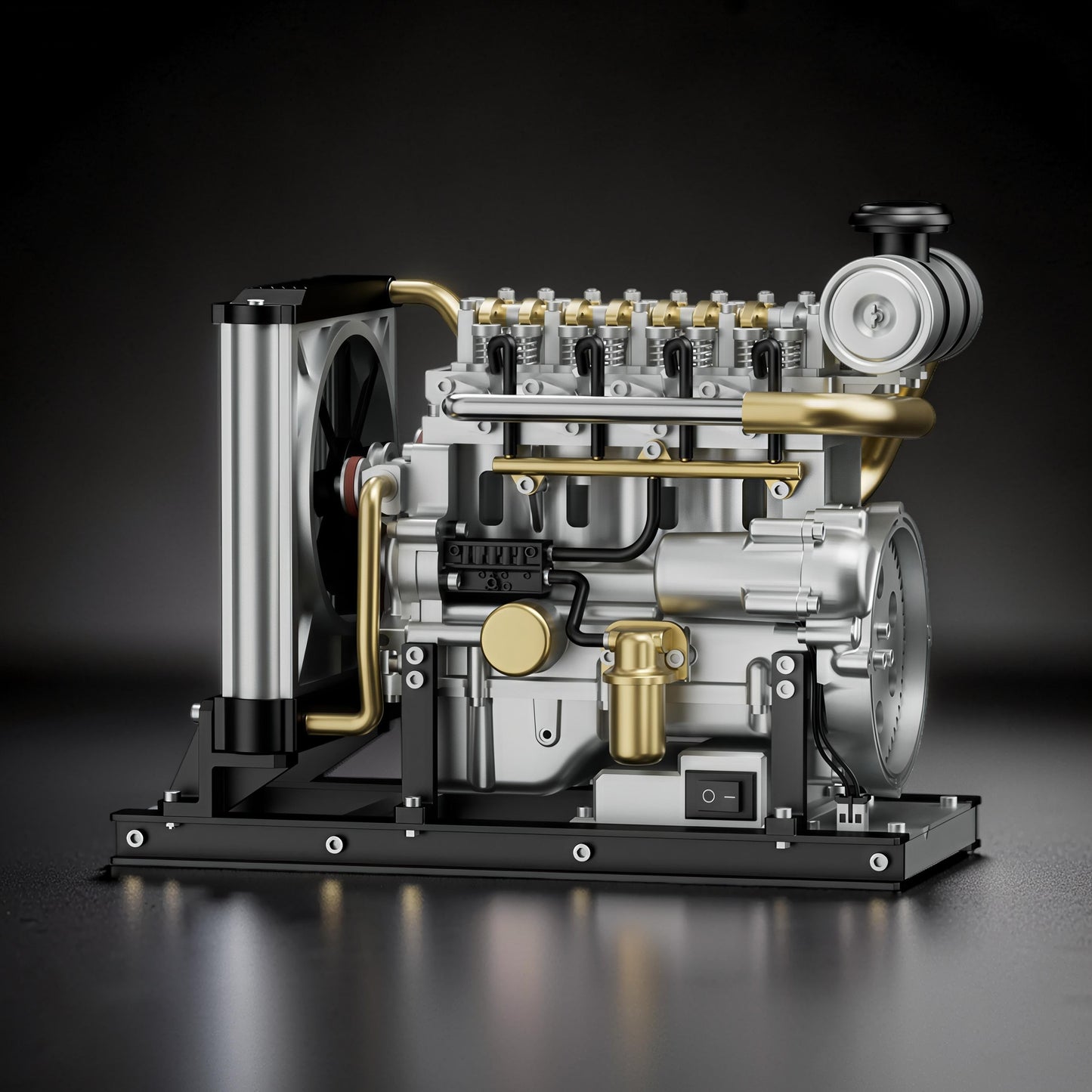 The Curious Mind Mini Diesel 4-Cylinder Engine DIY Kit, a detailed metal mechanical model with silver and gold accents, featuring a fan and radiator.