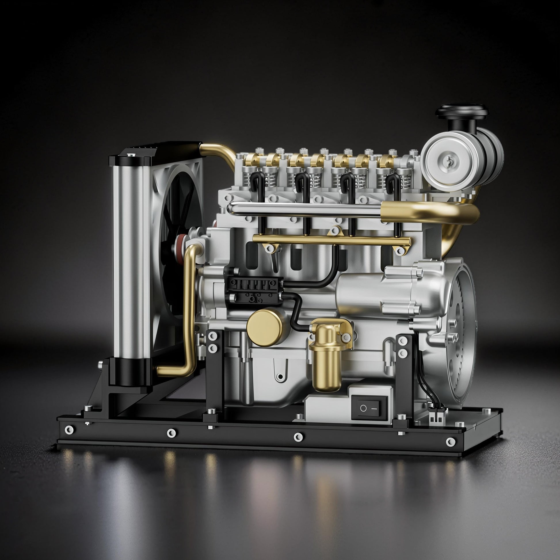 The Curious Mind Mini Diesel 4-Cylinder Engine DIY Kit, a detailed metal mechanical model with silver and gold accents, featuring a fan and radiator.