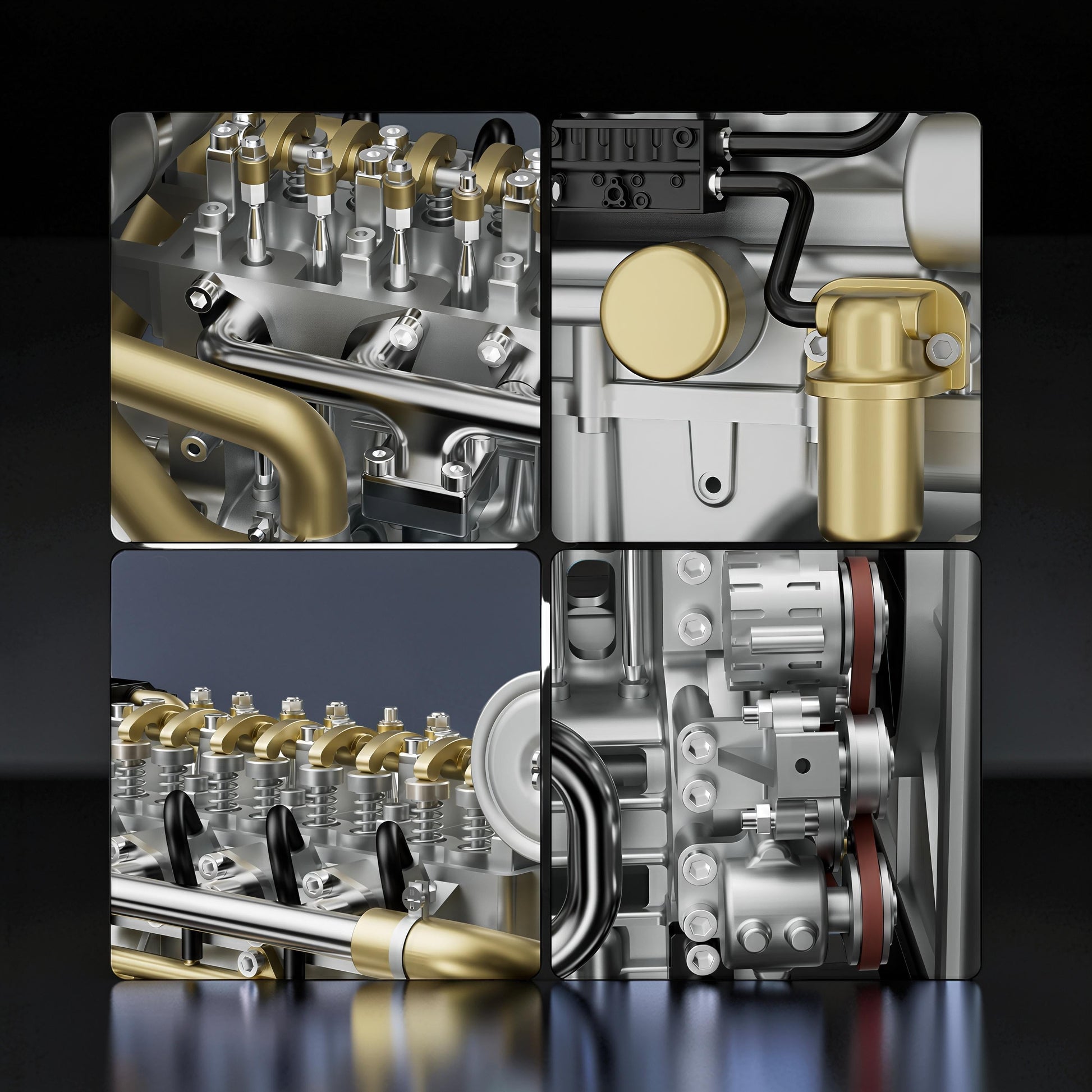 The Curious Mind Mini Diesel 4-Cylinder Engine DIY Kit, a detailed metal mechanical model with gold and silver accents.