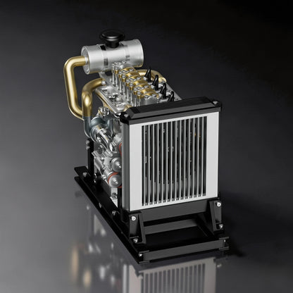 The Curious Mind Mini Diesel 4-Cylinder Engine DIY Kit, a detailed metal mechanical model with silver, gold, and black accents, featuring a radiator and exhaust pipe.