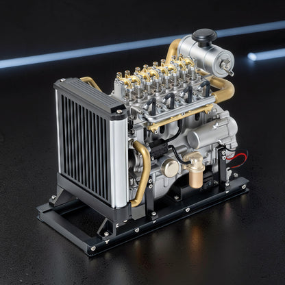 The Curious Mind Mini Diesel 4-Cylinder Engine DIY Kit, a detailed metal mechanical model with brass accents and a black stand.