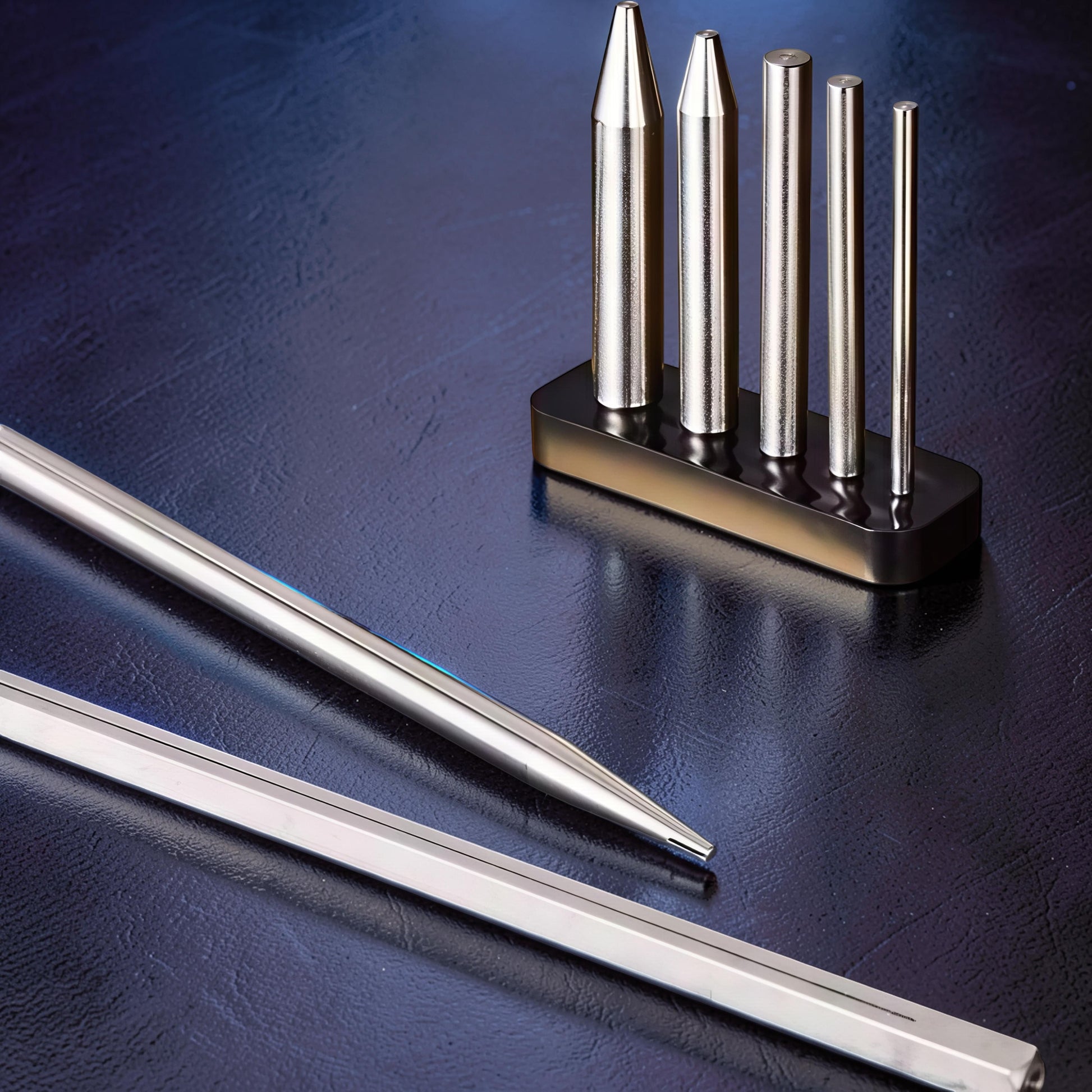 The Curious Mind Precision Model Builder Toolkit features metal punches and rods in a black holder, ideal for hobby building and repairs.