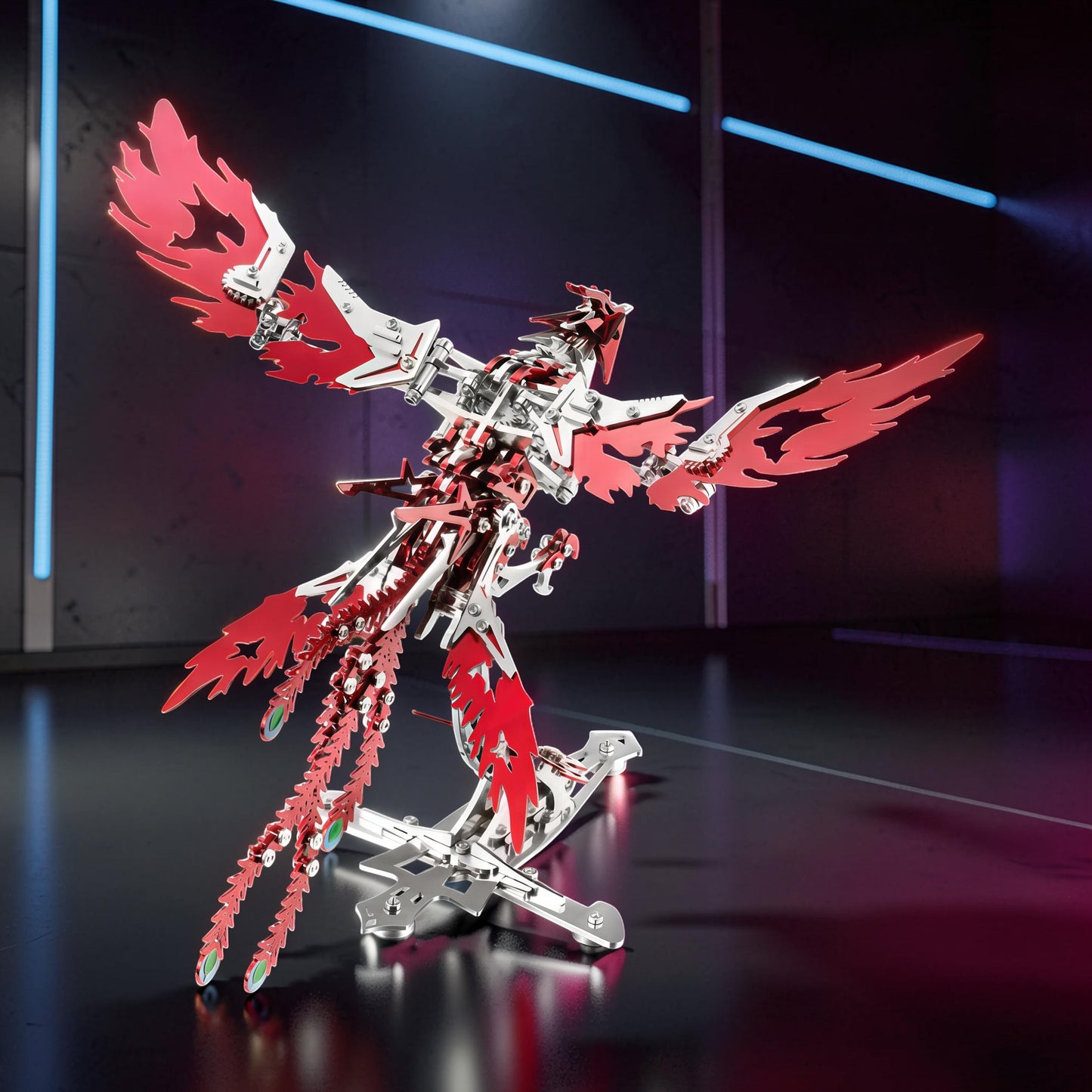 The Curious Mind Phoenix DIY Kit, a mechanical creature model made of silver and red metal, with intricate details and flame-like wings and tail.