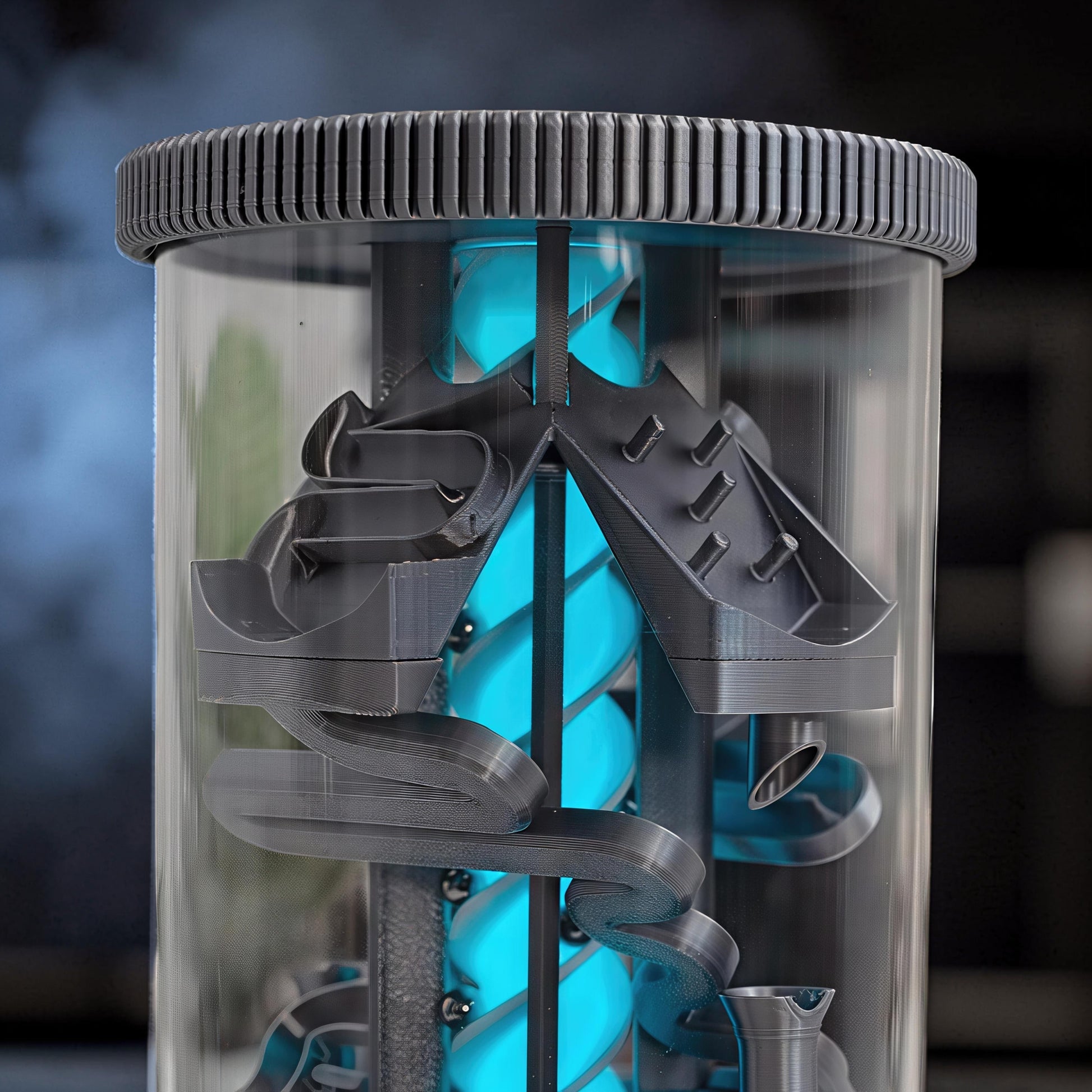 The Curious Mind Spinning Pinball RGB Night Light features a clear cylinder with a grey gear-like top, showcasing a black PLA internal structure with a bright blue glowing spiral and small silver balls.