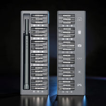 The Curious Mind 36-in-1 magnetic precision screwdriver set in grey storage case with multiple bits for electronics and small repairs.