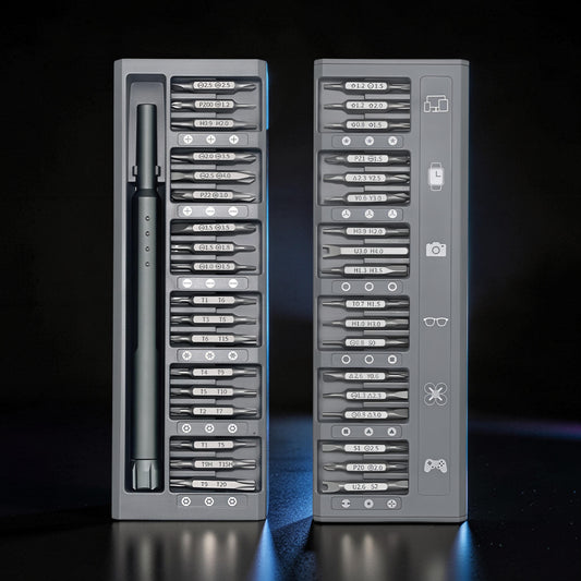 The Curious Mind 36-in-1 magnetic precision screwdriver set in grey storage case with multiple bits for electronics and small repairs.