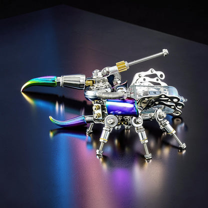 The Curious Mind Punk Beetle 3D metal model kit, a steampunk-inspired mechanical insect with iridescent accents and intricate metal detailing.
