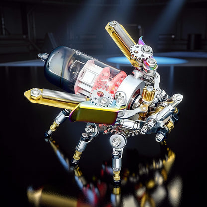 The Curious Mind Firefly punk-style 3D metal model kit, a mechanical insect with glass body, gears, springs, and metallic accents.