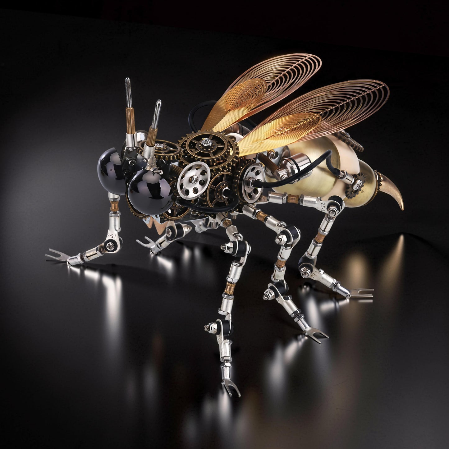 The Curious Mind Punk Wasp 3D metal model kit with intricate gears, metallic wings, and glowing eyes on a moon planet base.