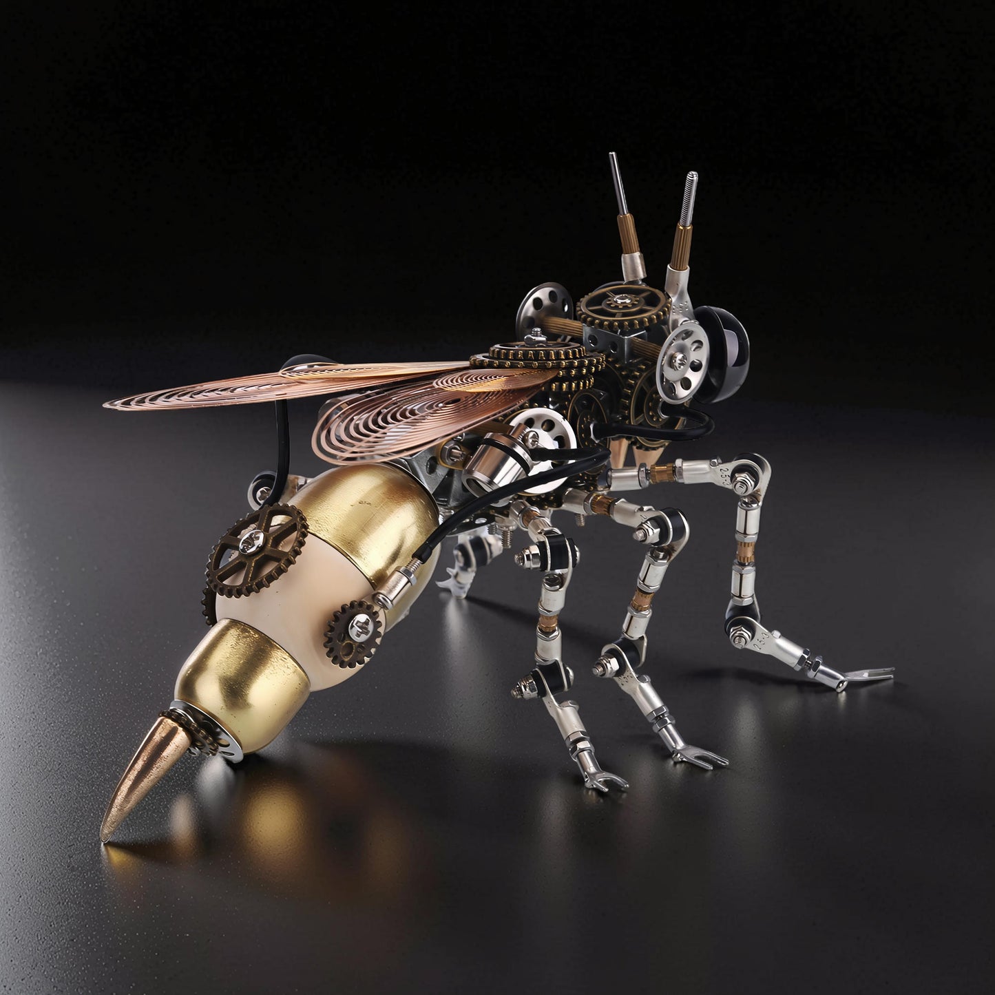 The Curious Mind Punk Wasp 3D metal model kit with copper wings, brass body, and intricate gears. Features articulated legs and a light-up function.