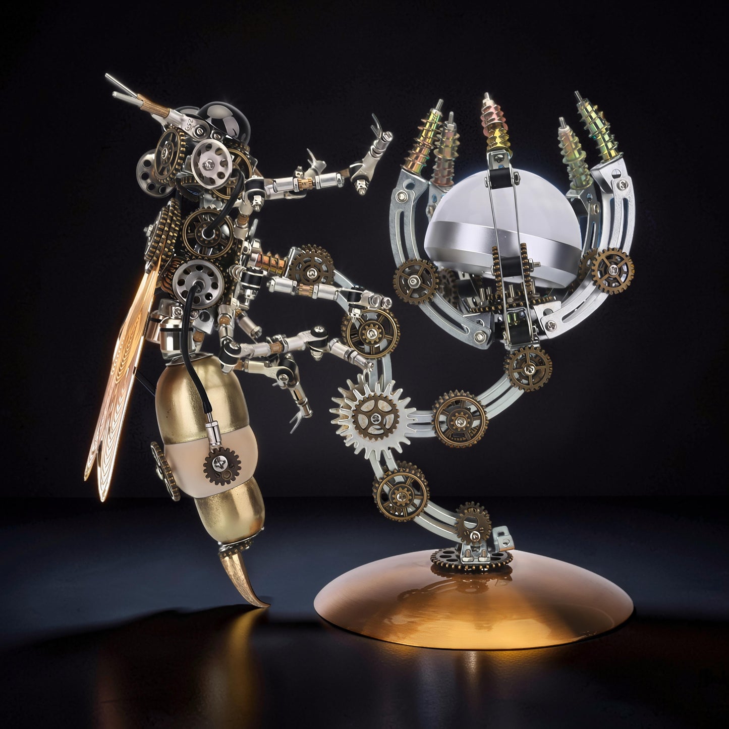 The Curious Mind Punk Wasp 3D metal model kit with illuminated wings and moon planet base. Intricate gears and metallic finish.