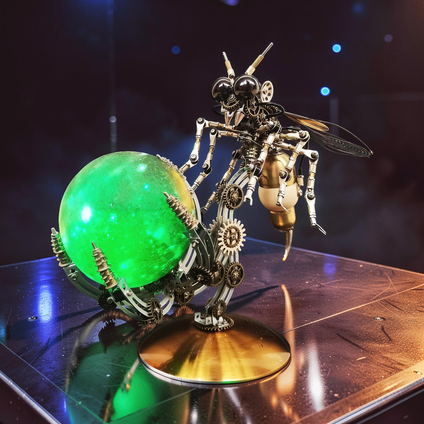 The Curious Mind Punk Wasp 3D metal model kit with glowing green moon planet base. Steampunk mechanical insect.