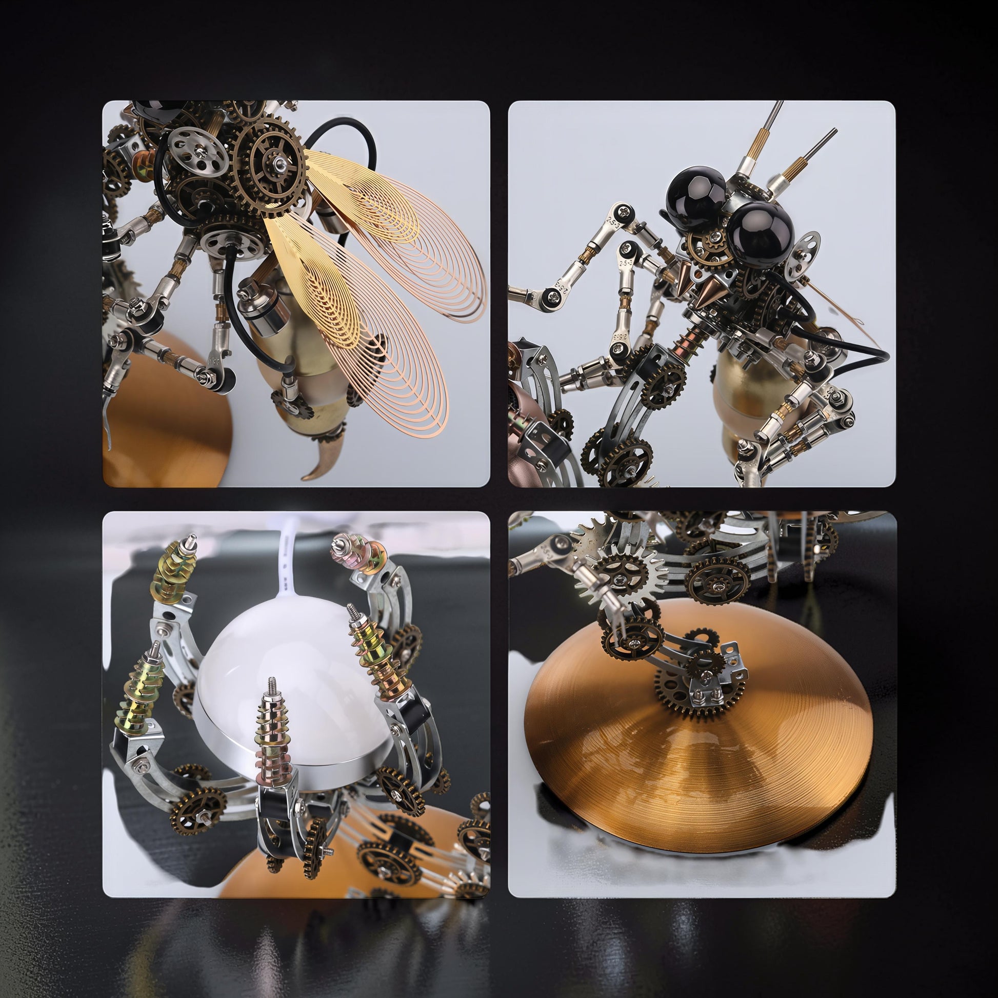 The Curious Mind Punk Wasp 3D metal model kit with intricate gears, metallic wings, and a light-up moon planet base.