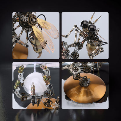The Curious Mind Punk Wasp 3D metal model kit with intricate gears, metallic wings, and a light-up moon planet base.