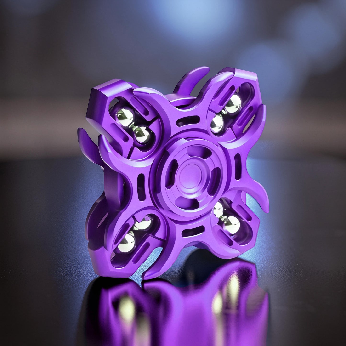 The Curious Mind Oracle Metal EDC Fidget Spinner in purple with silver bearings, designed for focus and stress relief.