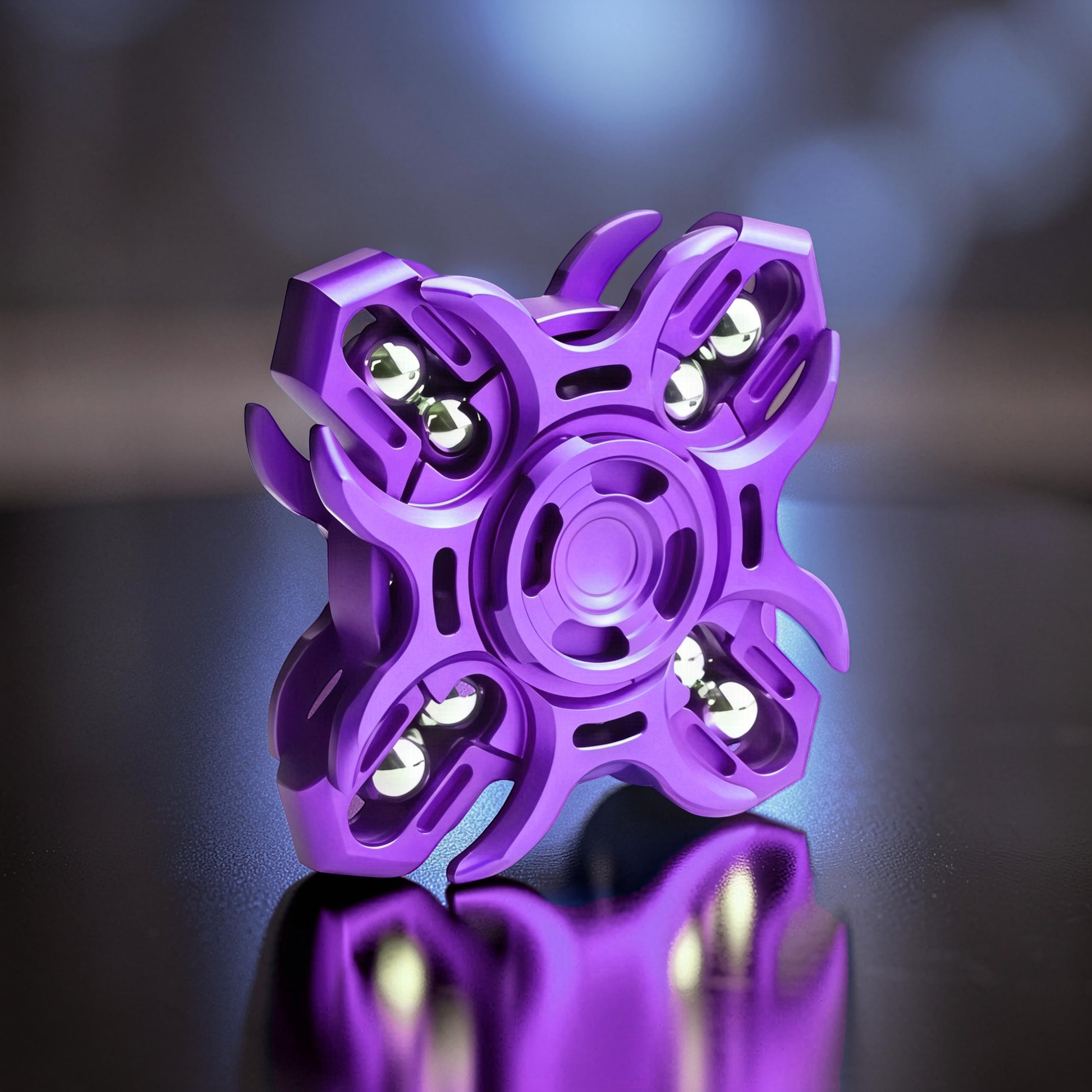 The Curious Mind Oracle Metal EDC Fidget Spinner in purple with silver bearings, designed for focus and stress relief.
