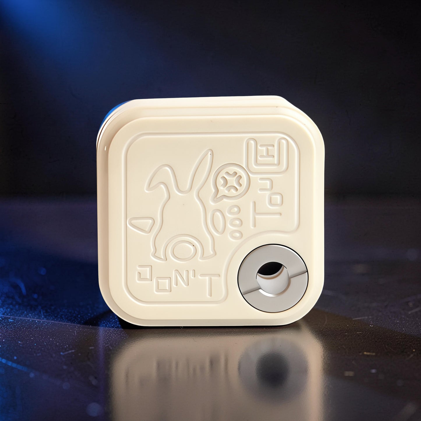 The Curious Mind Rabbit Side-Press Clicker fidget toy in cream metal with rabbit engraving and a silver clicker mechanism.