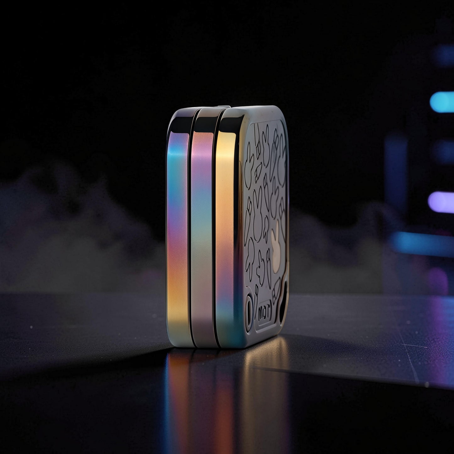 The Curious Mind Rabbit Tuning Fork Clicker fidget toy with iridescent metal finish and rabbit design.