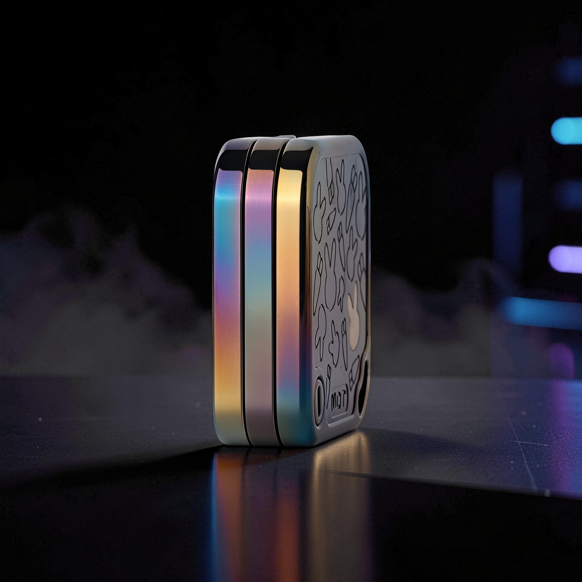 The Curious Mind Rabbit Tuning Fork Clicker fidget toy with iridescent metal finish and rabbit design.