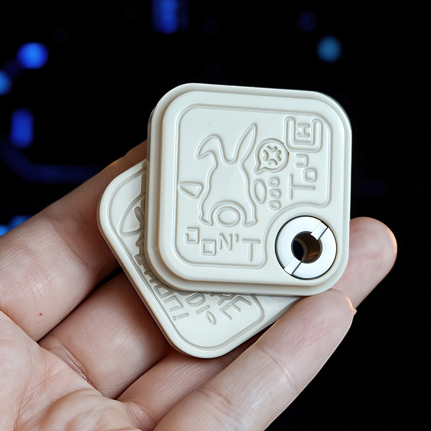 The Curious Mind Rabbit Side-Press Clicker fidget toy in light beige metal with a rabbit design and