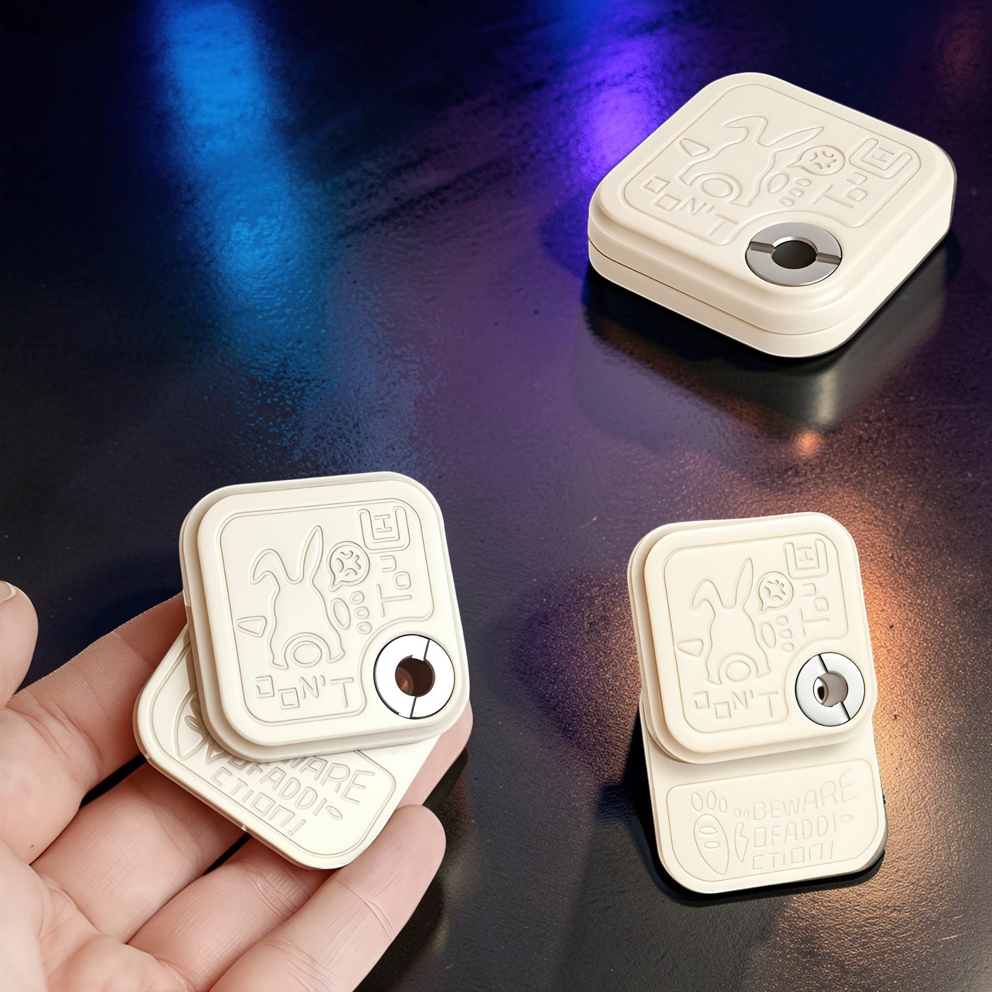 The Curious Mind Rabbit Side-Press Clicker fidget toy in cream metal with rabbit and text engravings. Compact and portable.