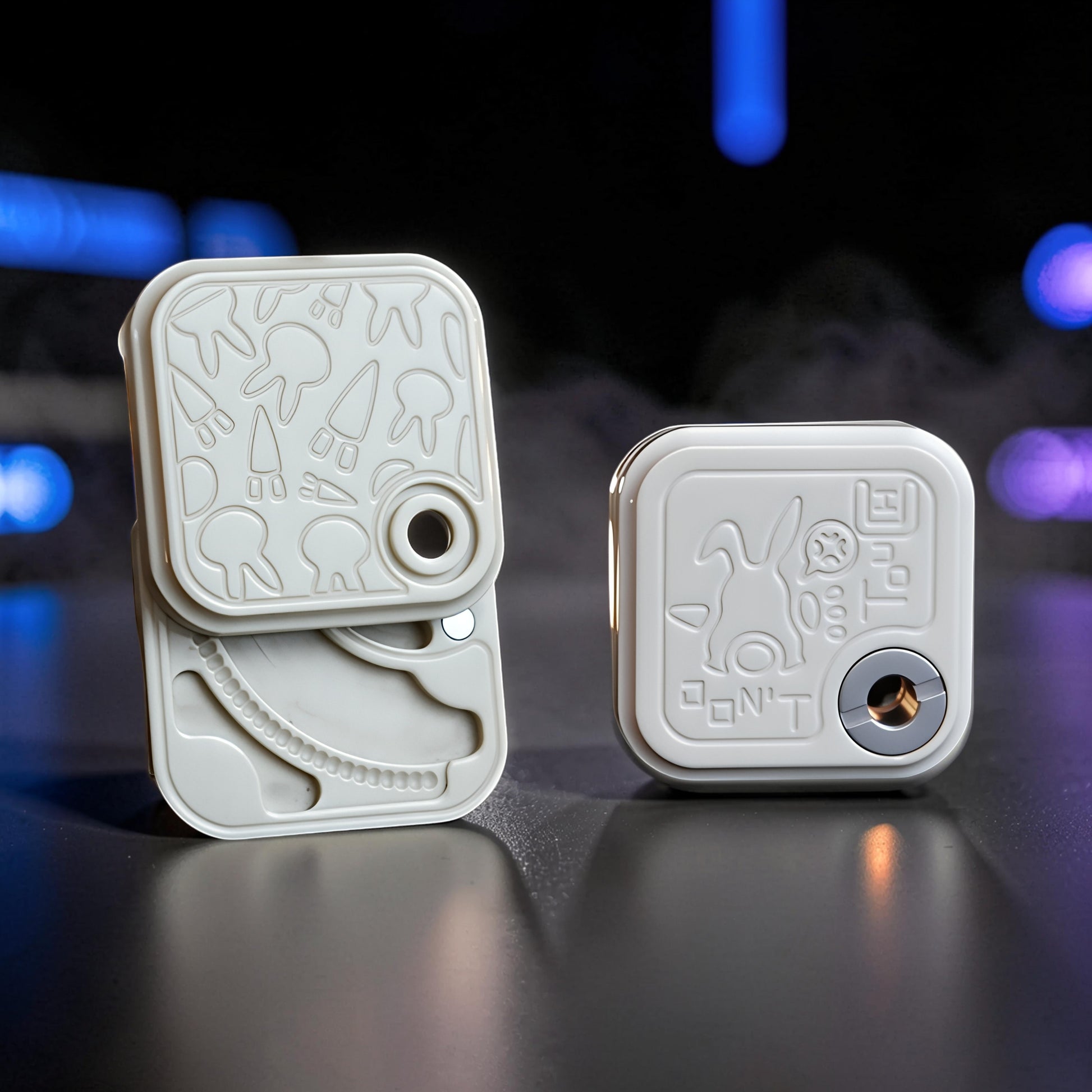 The Curious Mind Rabbit Side-Press Clicker fidget toy in light grey metal with rabbit and carrot designs. Compact EDC.