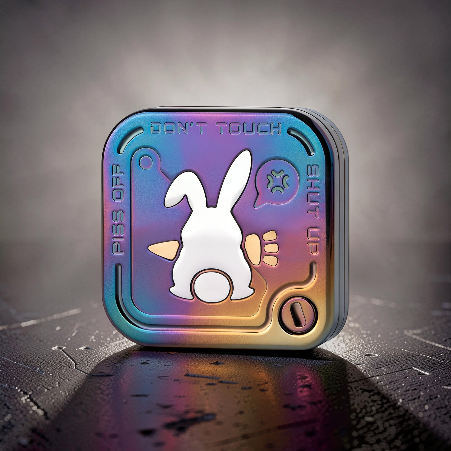 The Curious Mind Rabbit Tuning Fork Clicker fidget toy with a metallic rainbow finish and a white rabbit design.