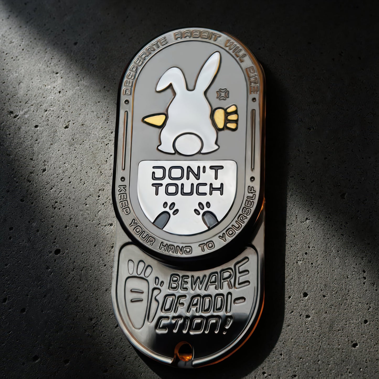 The Curious Mind Don't Touch Rabbit Slider fidget toy with a white rabbit graphic and warning text. Metal construction.